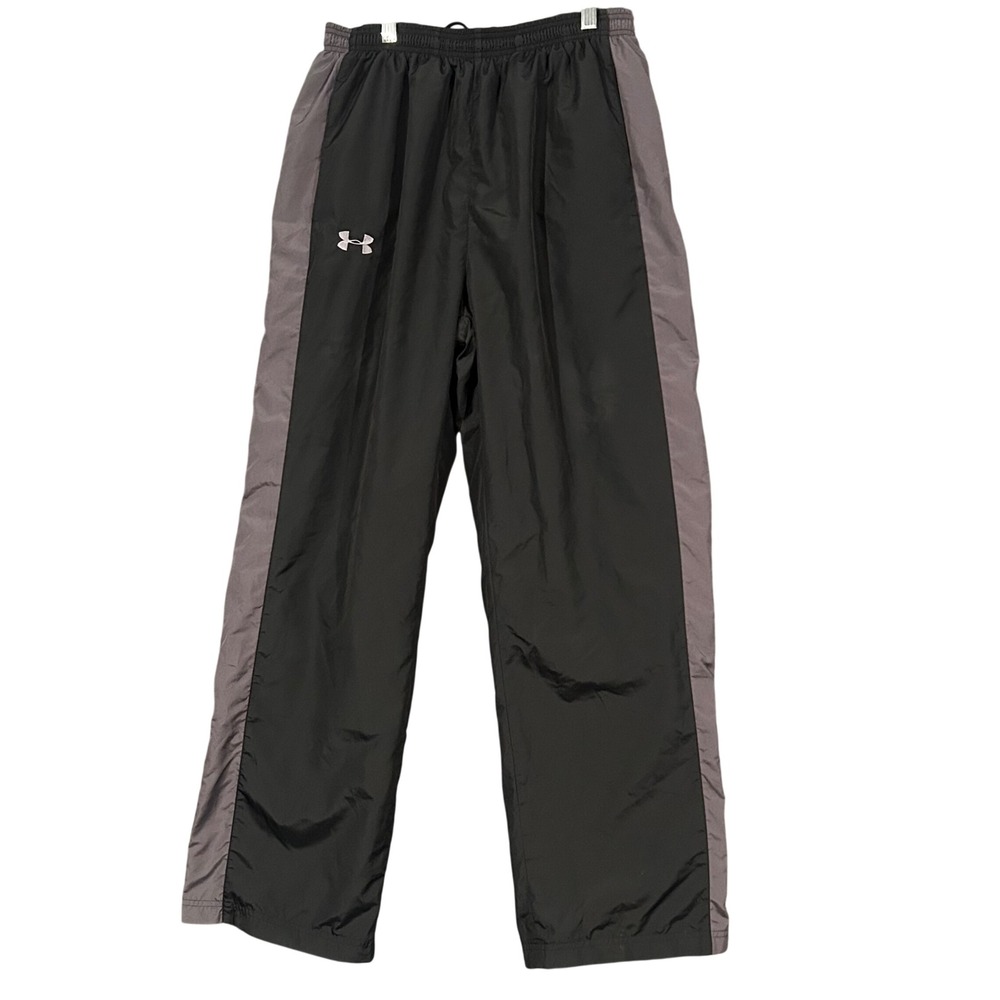 Under Armour Mens Mesh Lined Track Pants Black Gray Windbreaker Zipper Ankle LG